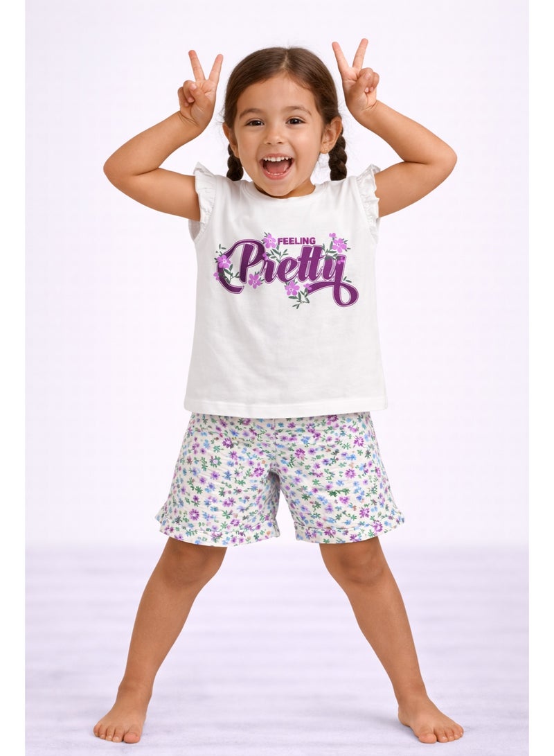 victor and jane Girls’ Pajama Set – “Feeling Pretty” Frill Sleeve Top & Floral Shorts - Image 4